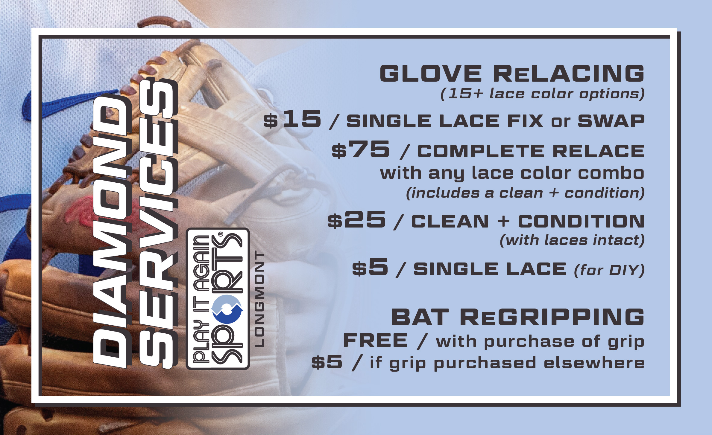 pricing and information on baseball softball glove relacing options provided including cleaning and conditioning